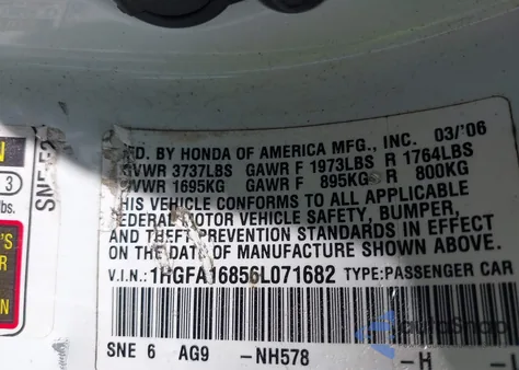 2006 Honda Civic Ex из США, поврежденный, VIN 1HGFA16856L071682